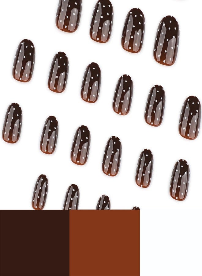OSTTMA 24Pcs Brown Press on Nails Polka Dot Fake Nails Short Oval False Nails Press ons with White Dots Design Full Cover Stick on Nail for Women, Reusable Glue on Nails for Daily Wear Party - Image 5